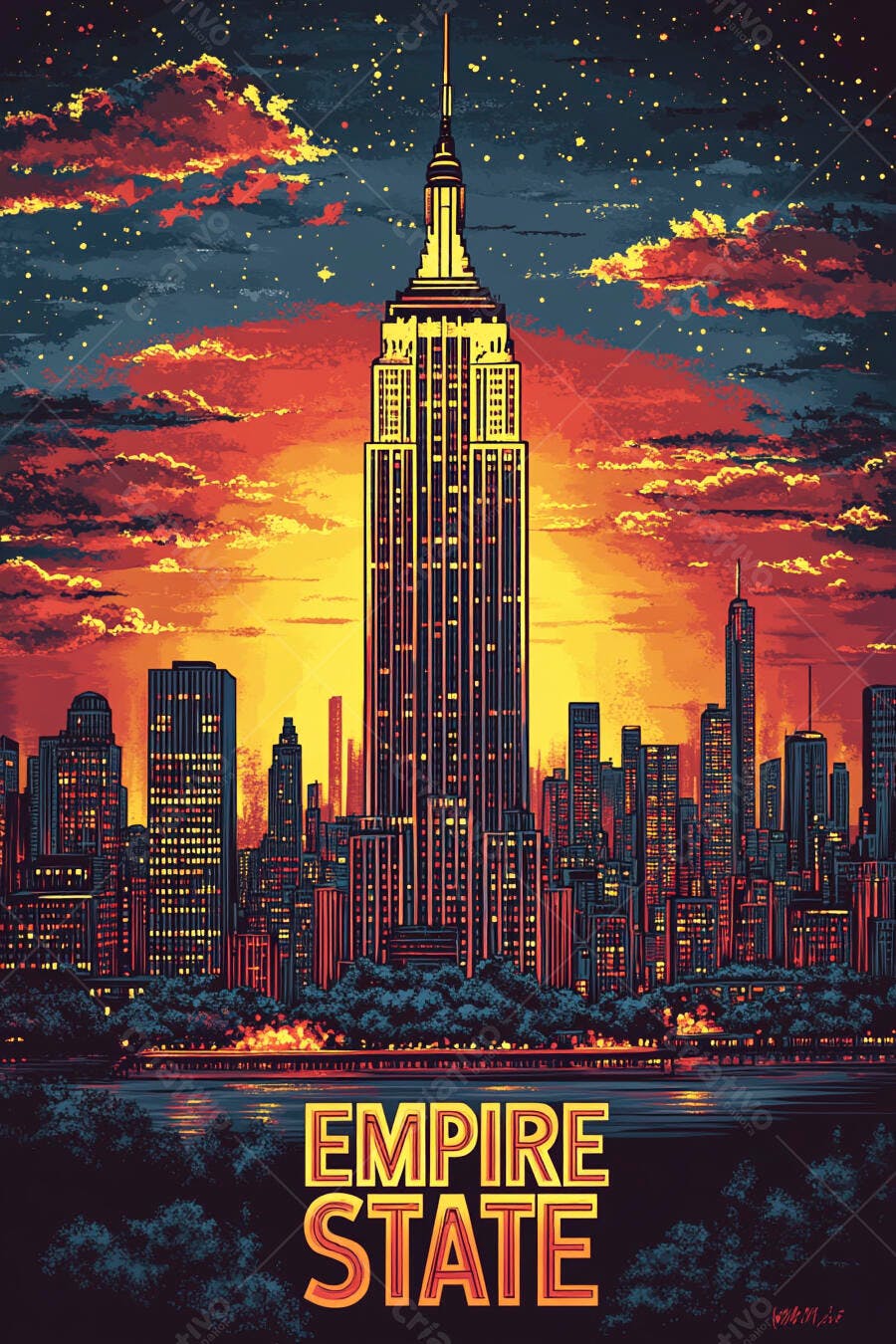 Empire State Building Nova York pôr do sol colorido em estilo pixel art