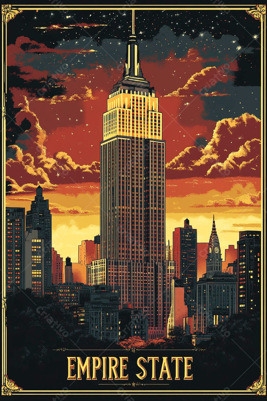 Empire State Building iluminado sob céu noturno dramático estilo poster vintage