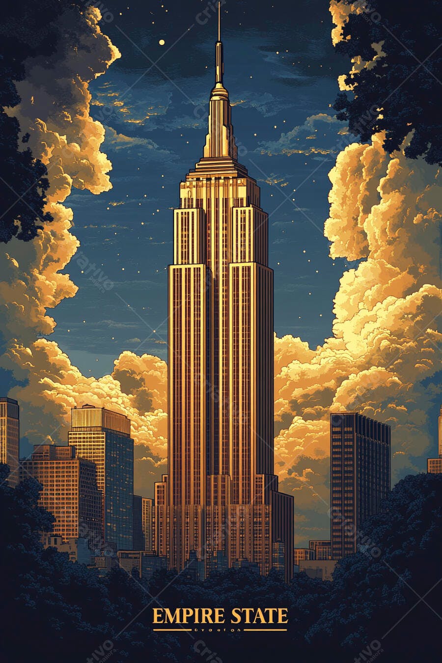 Edifício Empire State Nova York ilustração noturna com nuvens douradas dramáticas