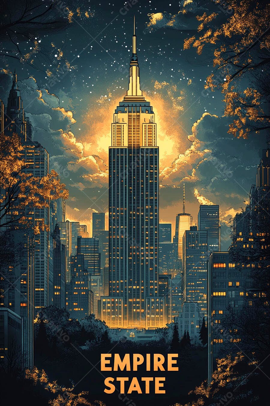 Empire State Building em Nova York brilho dourado à noite céu estrelado
