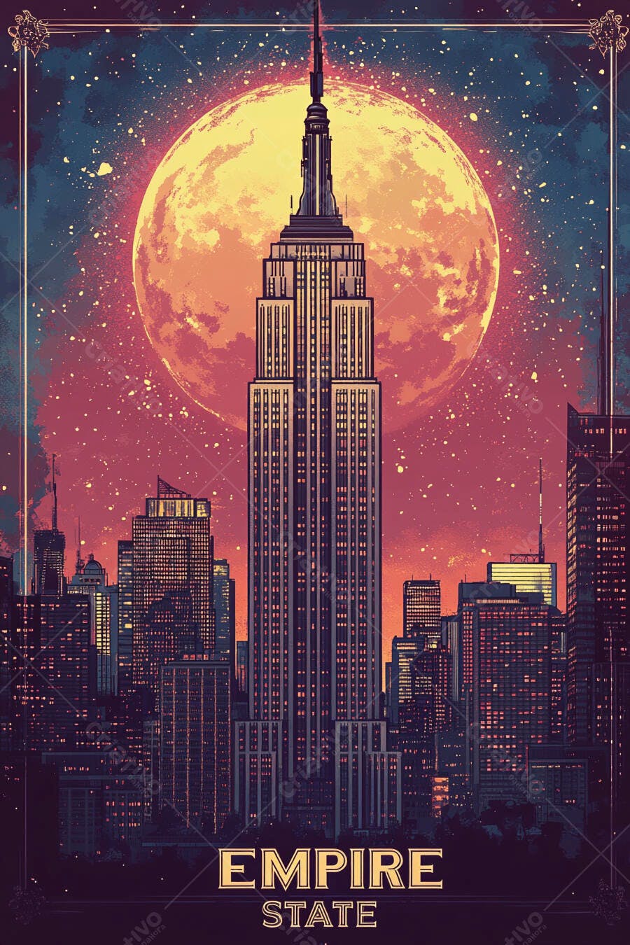 Edifício Empire State Nova York com lua cheia laranja no céu noturno estilo retro