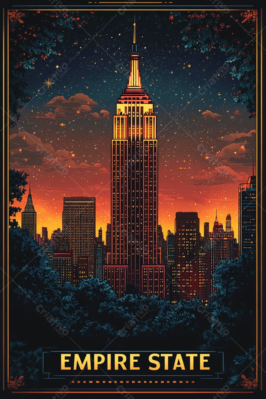 Empire State Building iluminado em Nova York com céu estrelado e cores quentes