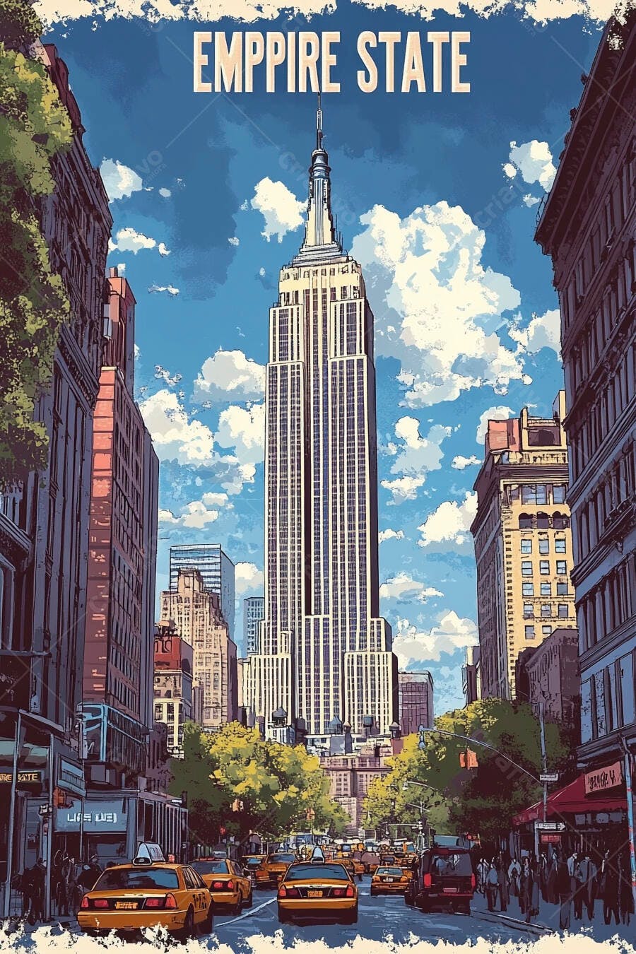 Edifício Empire State em Nova Iorque com rua movimentada e táxis amarelos