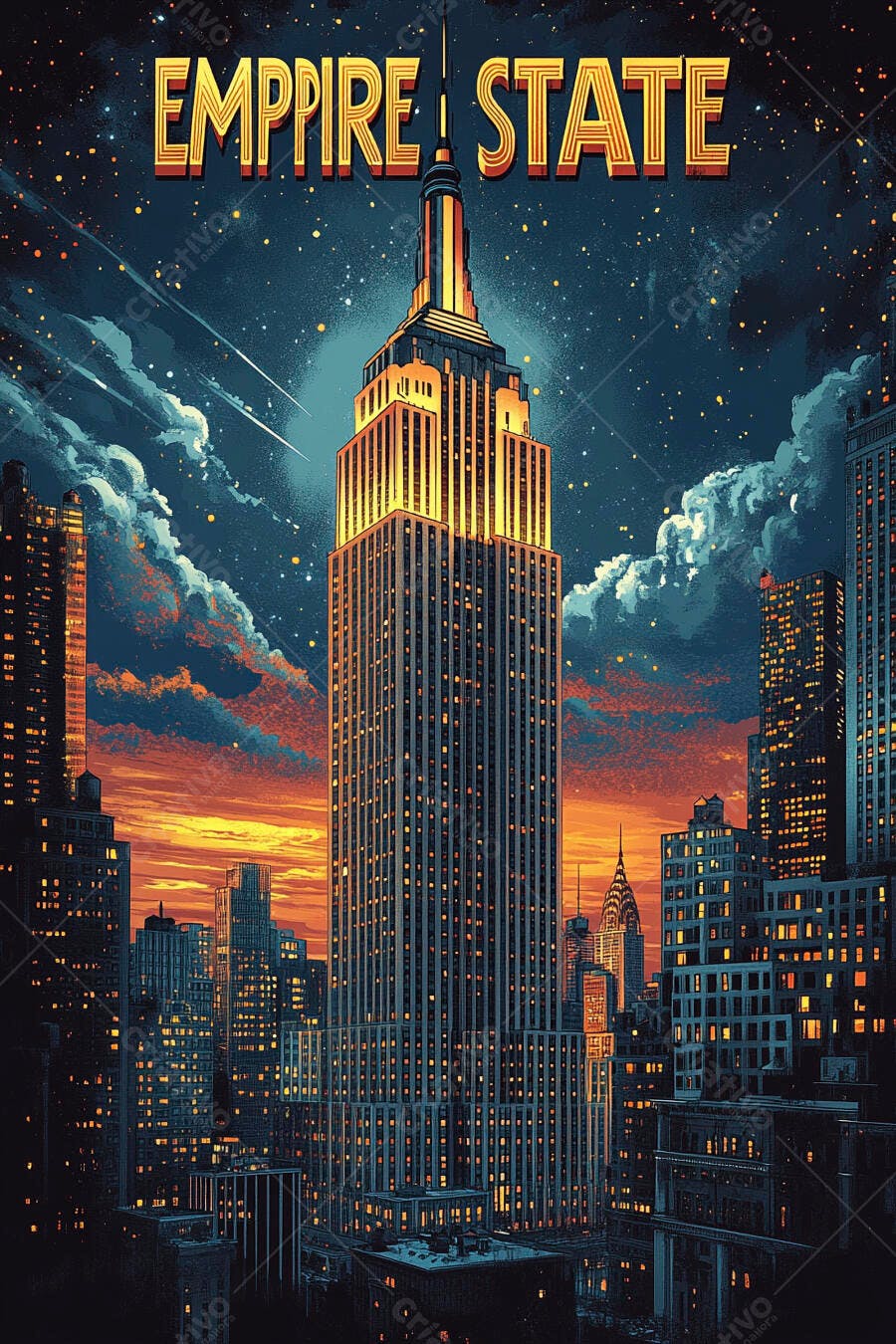Empire State Building iluminado ao anoitecer em Nova York ilustração artística