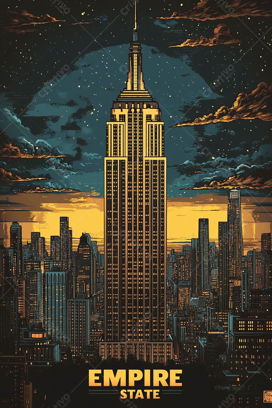 Empire State Building dourado e azul ilustração urbana de Nova York ao anoitecer