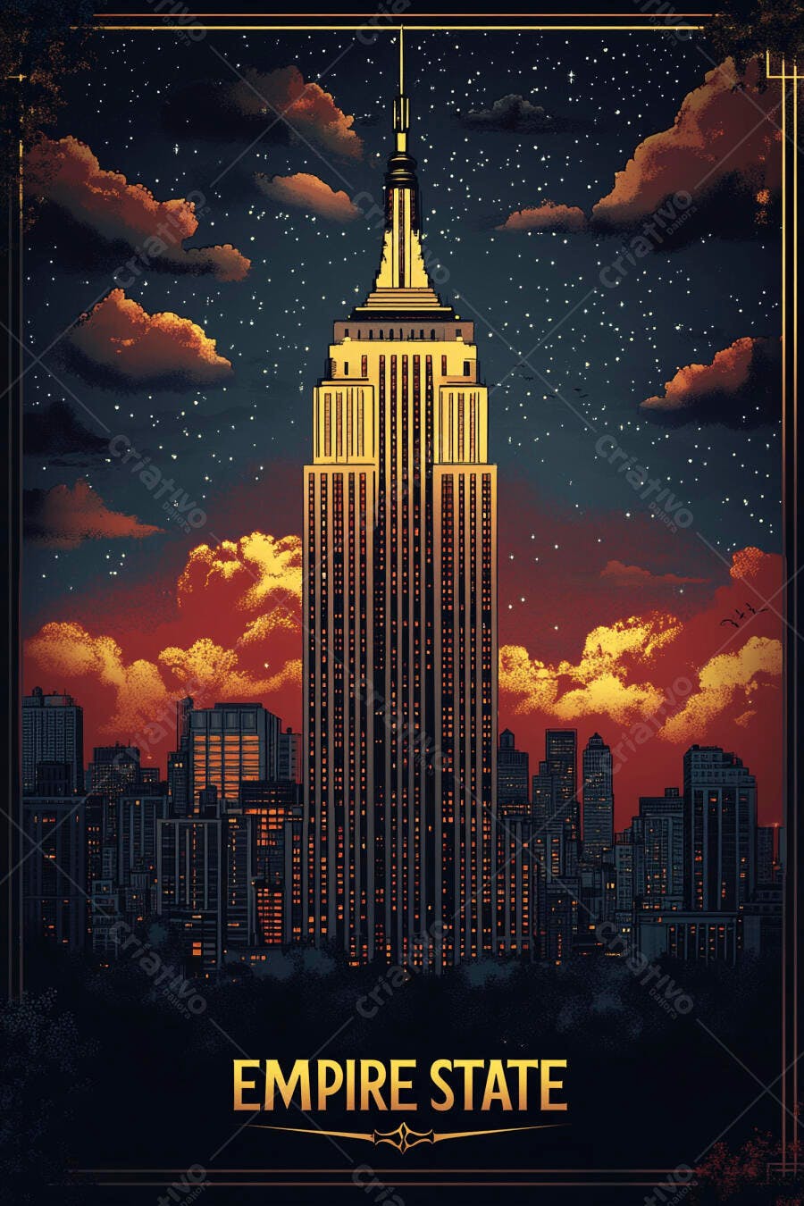 Empire State Building Nova York noite estrelada e céu laranja vibrante