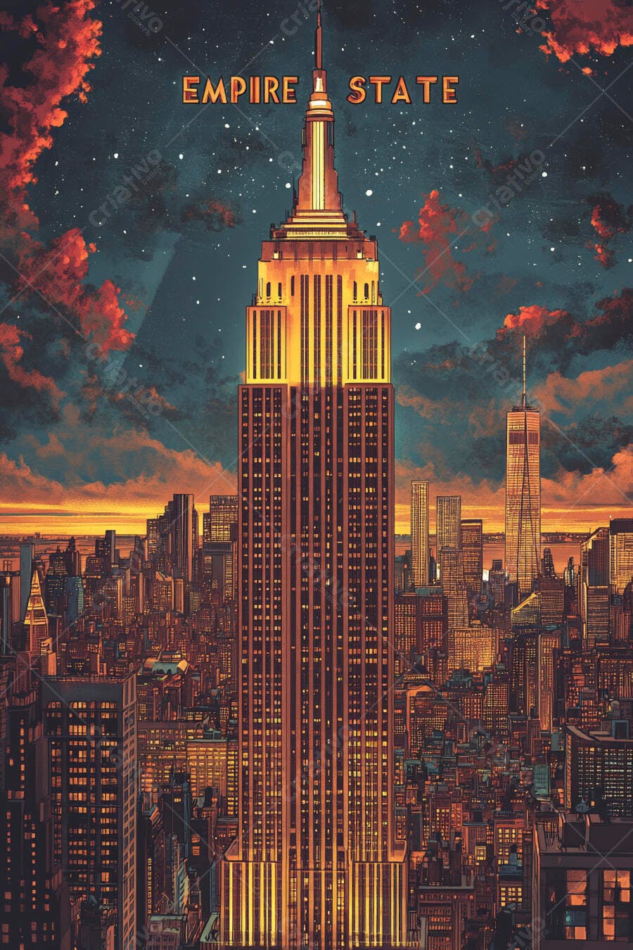 Empire State Building Nova York ao anoitecer ilustração colorida