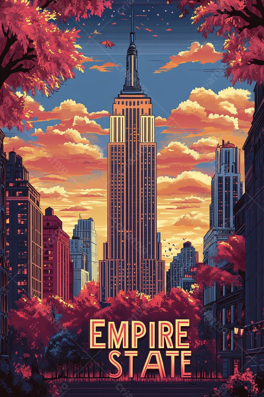 Empire State Building ao pôr do sol em Nova Iorque com árvores de outono vibrantes