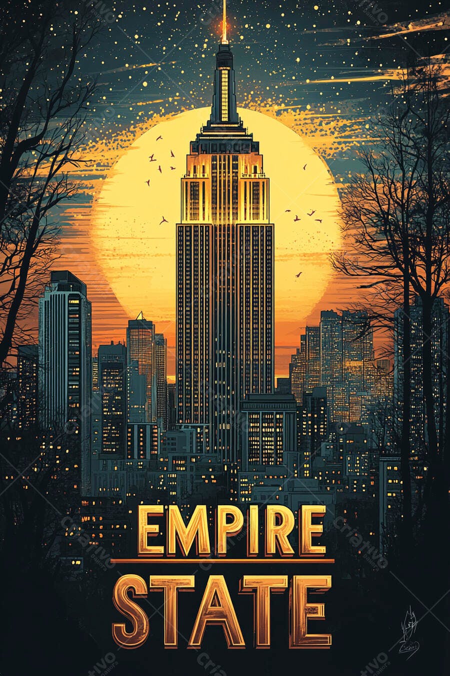 Edifício Empire State Nova York ao anoitecer com lua cheia e skyline