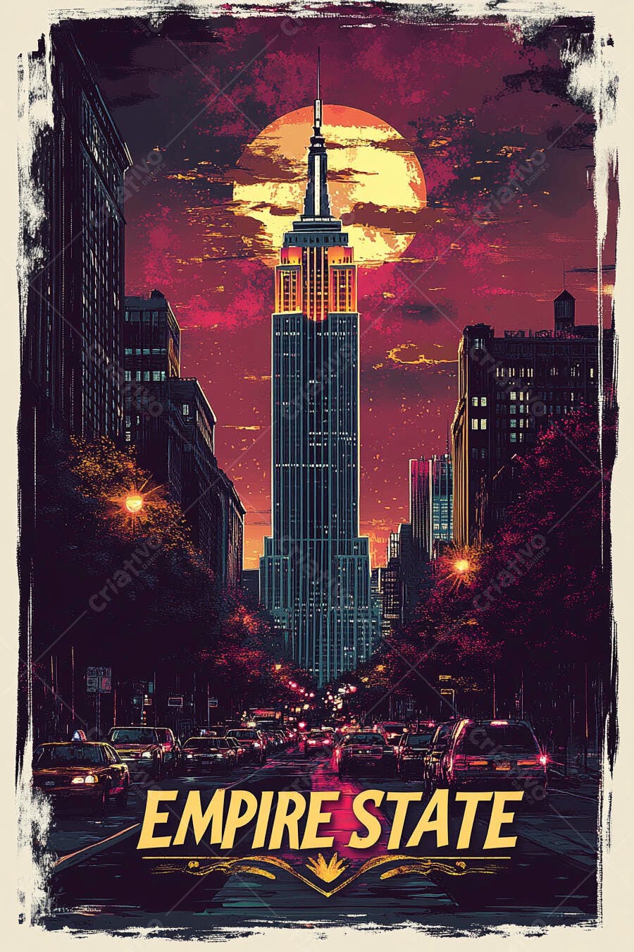 Empire State Building Nova York pôster vintage rua movimentada ao anoitecer