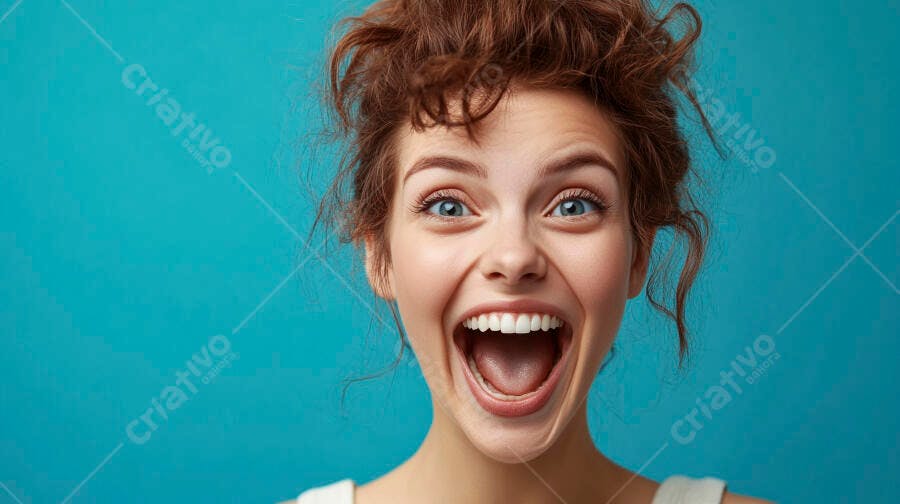 Mulher jovem feliz com cabelo ruivo e olhos azuis em fundo azul vibrante