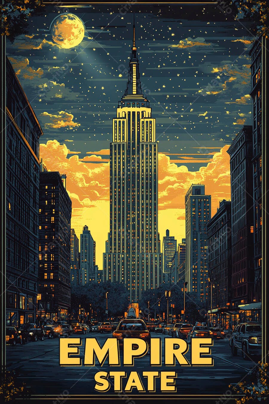 Edifício Empire State Nova York à noite lua cheia ilustração urbana