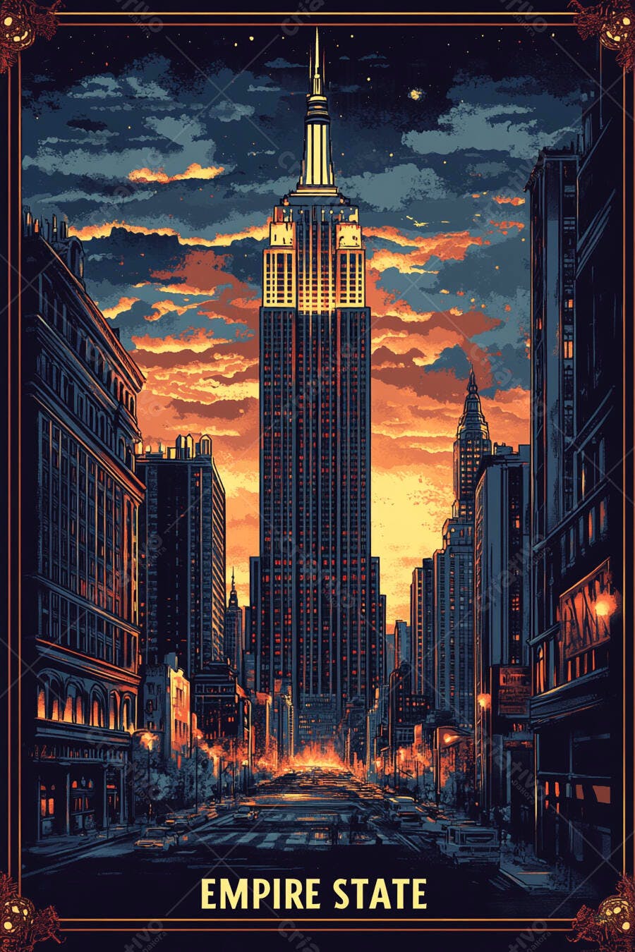 Edifício Empire State Nova York céu alaranjado ao anoitecer paisagem urbana vibrante