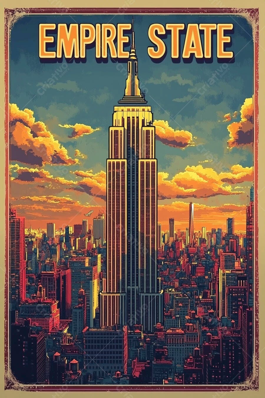 Pôster vintage Empire State Building Nova York cores quentes entardecer