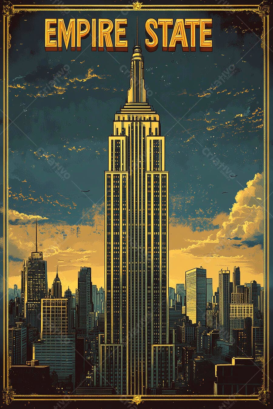Empire State Building dourado em Nova York com céu noturno estilo Art Deco