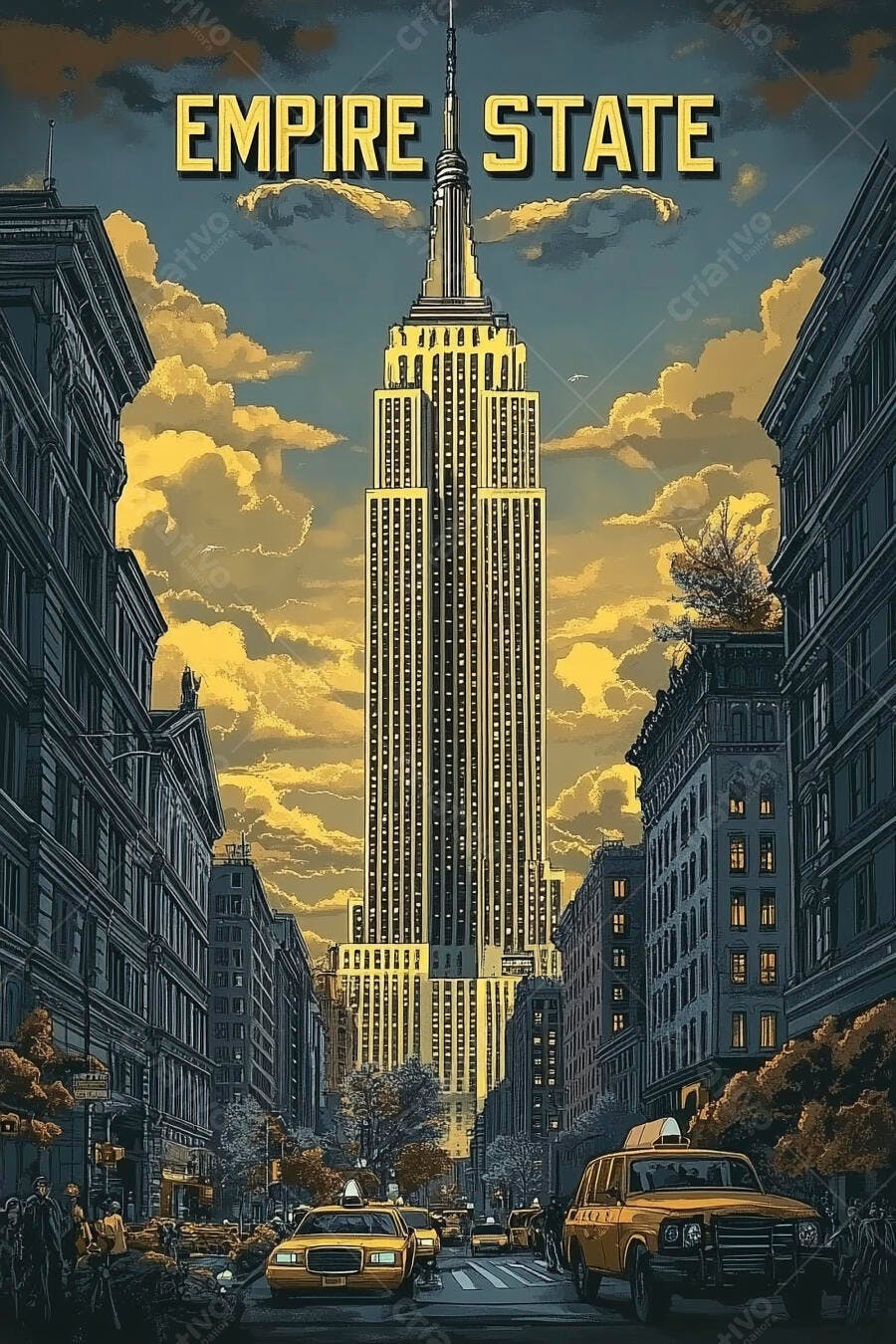 Empire State Building ilustrado com taxis amarelos em rua movimentada de Nova York