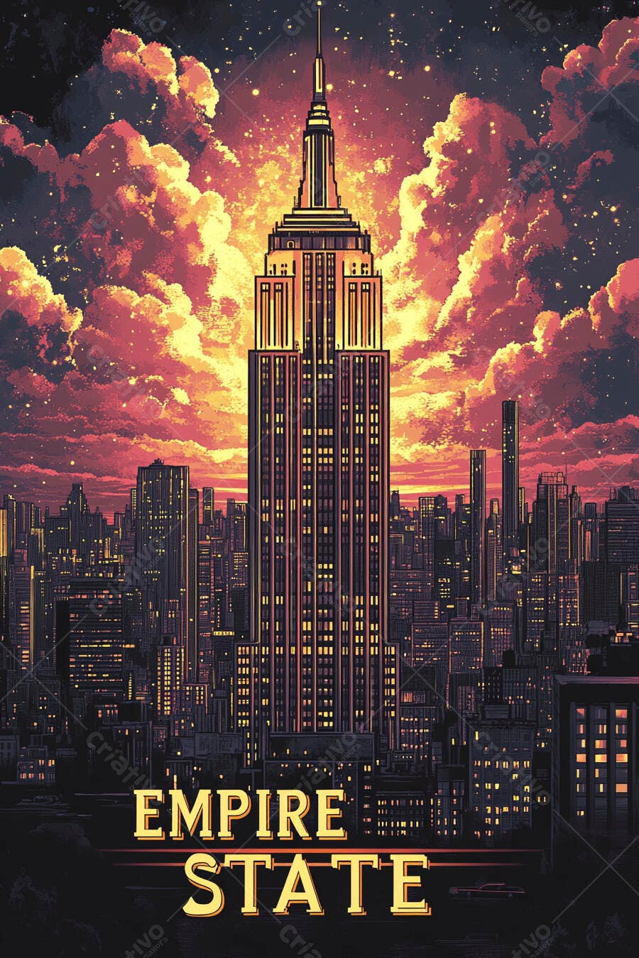 Empire State Building ilustrado ao anoitecer com céu dramático em pixel art