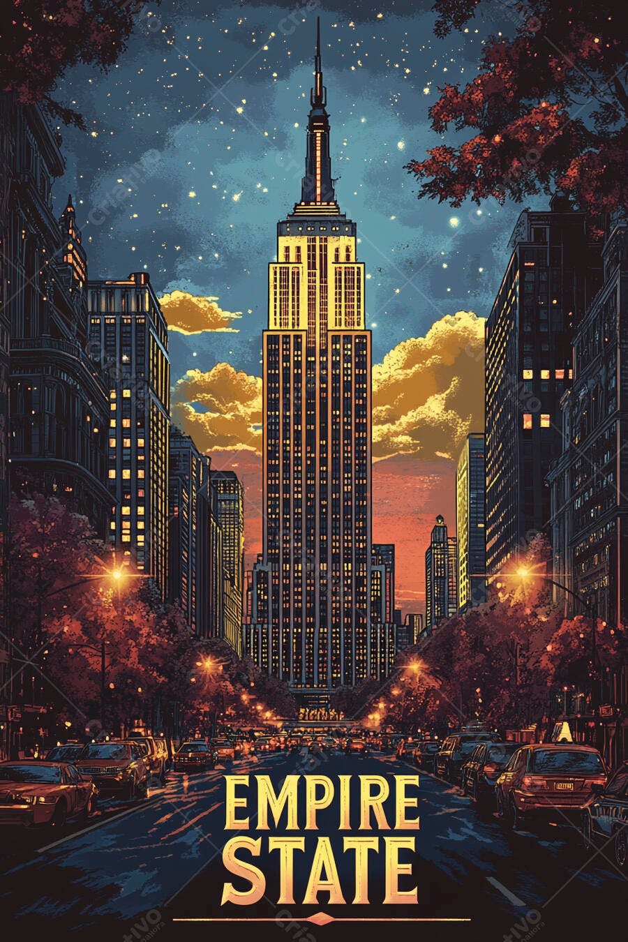 Empire State Building em Nova York à noite com céu estrelado e tráfego intenso