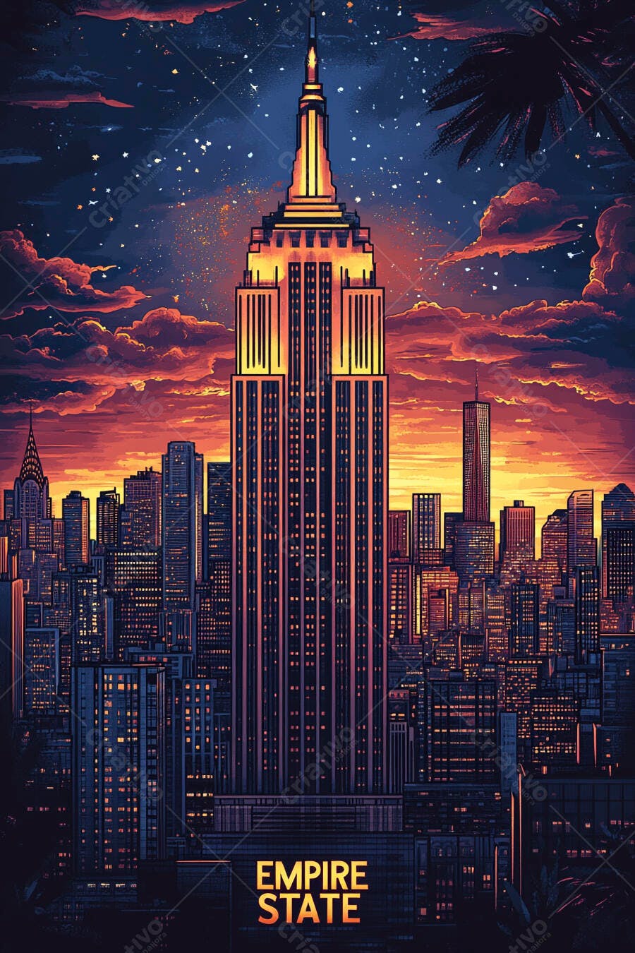 Edifício Empire State Nova York céu noturno vibrante laranja e azul