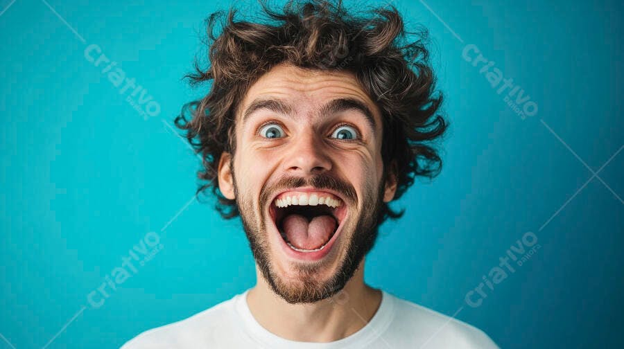 Homem jovem barbudo feliz com olhos arregalados boca aberta em fundo azul