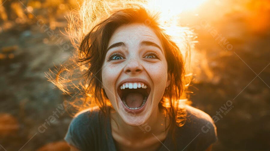 Mulher caucasiana jovem com sardas sorrindo feliz em pôr do sol dourado