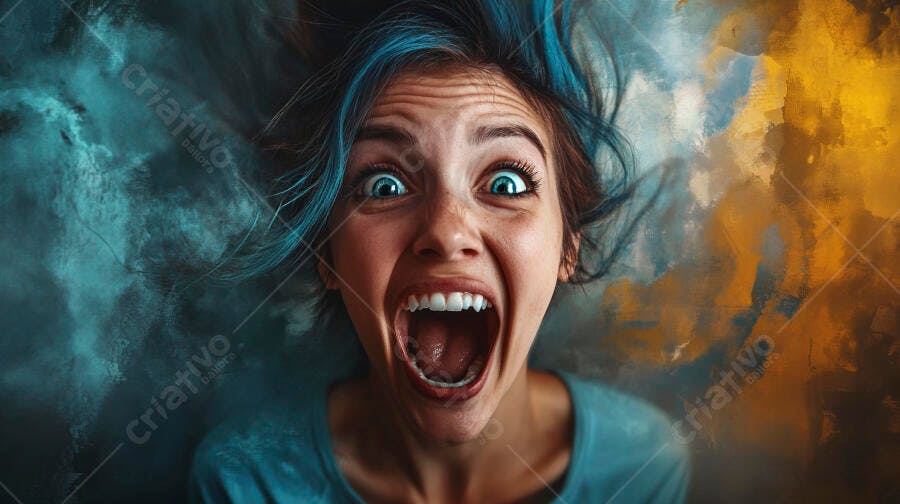 Mulher com cabelos azuis gritando com olhos arregalados em fundo abstrato