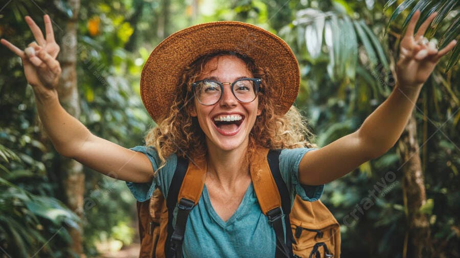 Mulher jovem aventureira de óculos e chapéu sorrindo feliz na floresta tropical