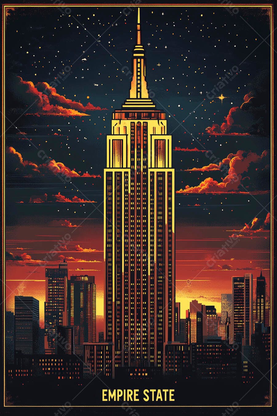 Edifício Empire State iluminado à noite com céu estrelado e nuvens alaranjadas