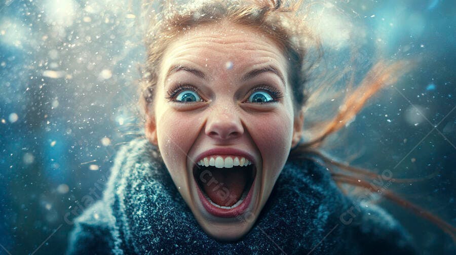 Mulher jovem gritando de emoção ou surpresa na neve com olhos azuis intensos