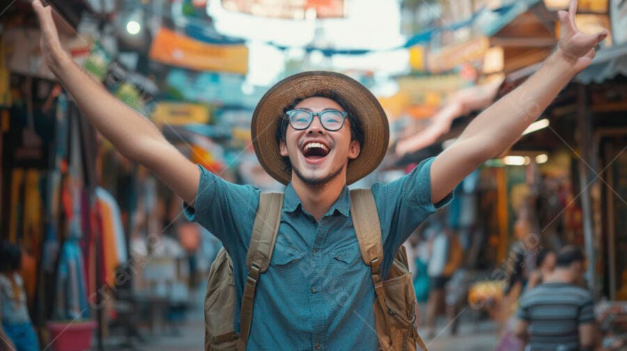 Viajante asiático jovem feliz com chapéu e mochila em rua de mercado vibrante