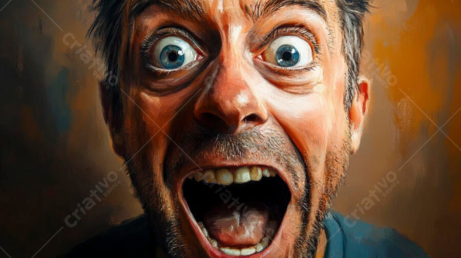 Homem caucasiano gritando com olhos azuis esbugalhados em pintura dramática