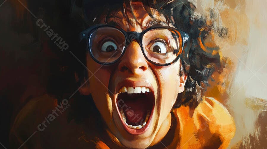 Jovem de óculos gritando de susto ilustração digital expressiva