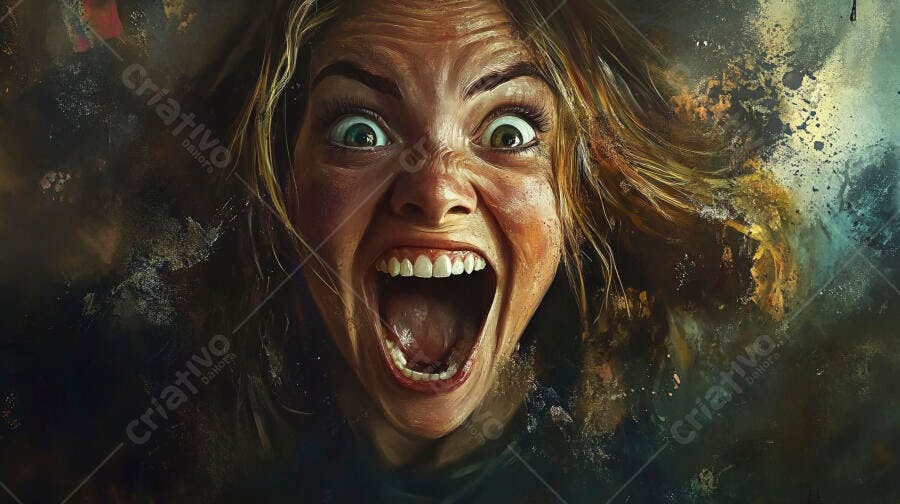 Mulher caucasiana gritando em desespero dramático com fundo abstrato escuro