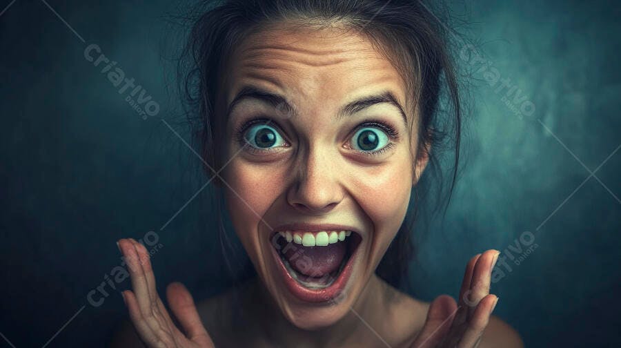 Mulher de pele clara com olhos verdes arregalados em êxtase e boca aberta