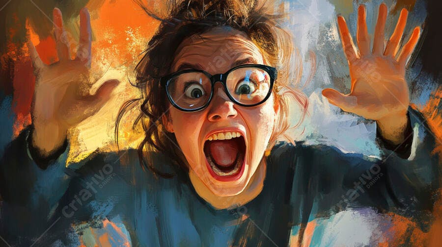 Pintura digital de mulher chocada com óculos e mãos levantadas