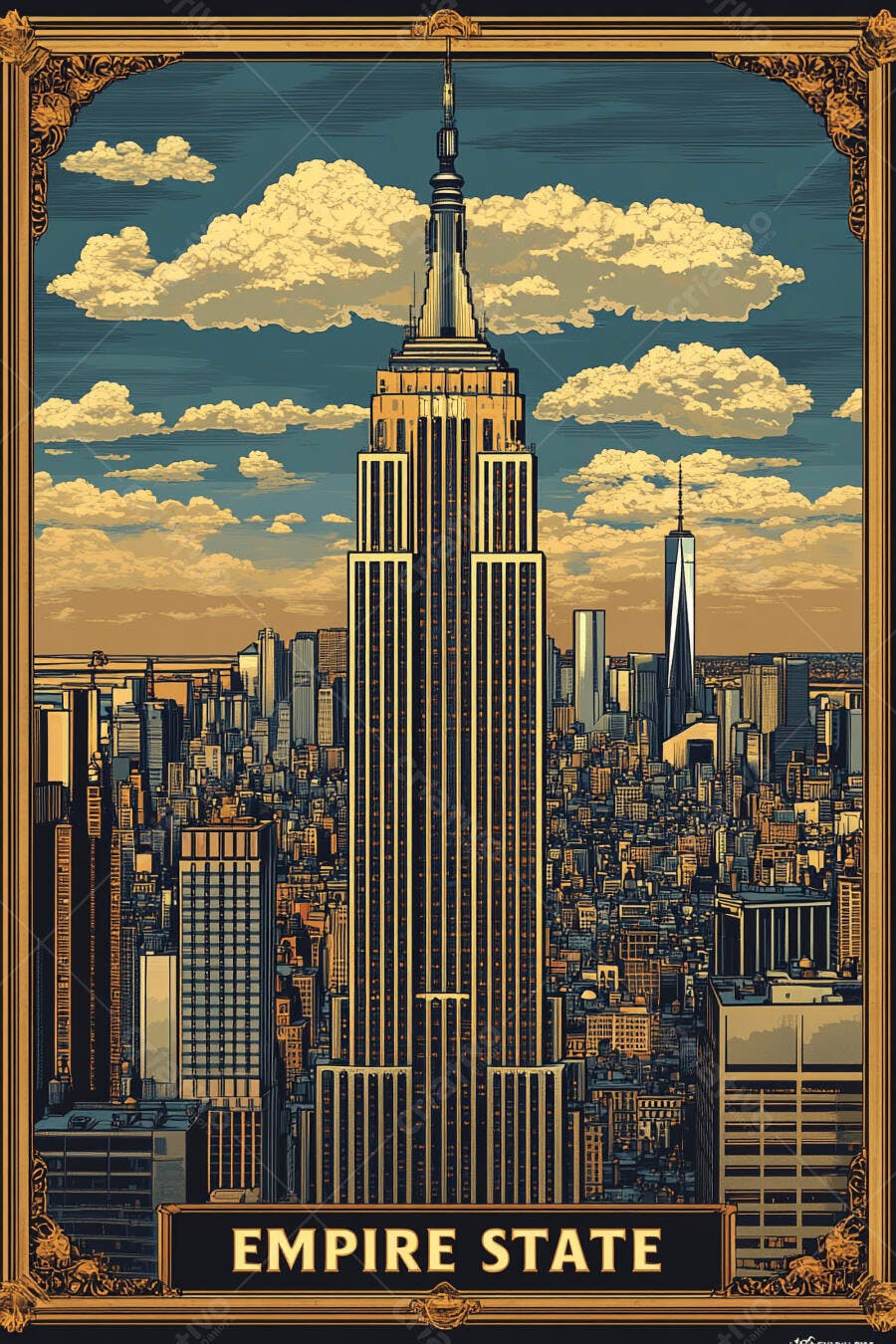 Empire State Building dourado skyline de Nova York e céu azul em ilustração vintage