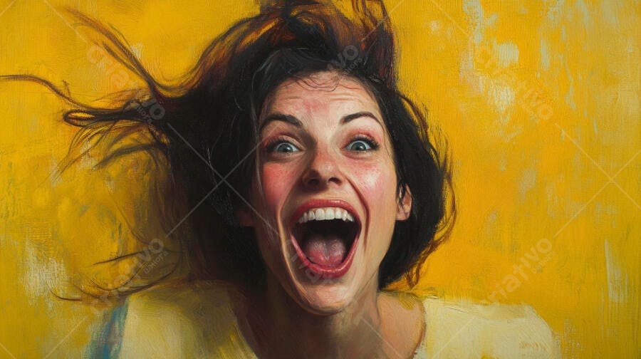 Mulher jovem gritando com cabelo voando em fundo amarelo vibrante pintura digital