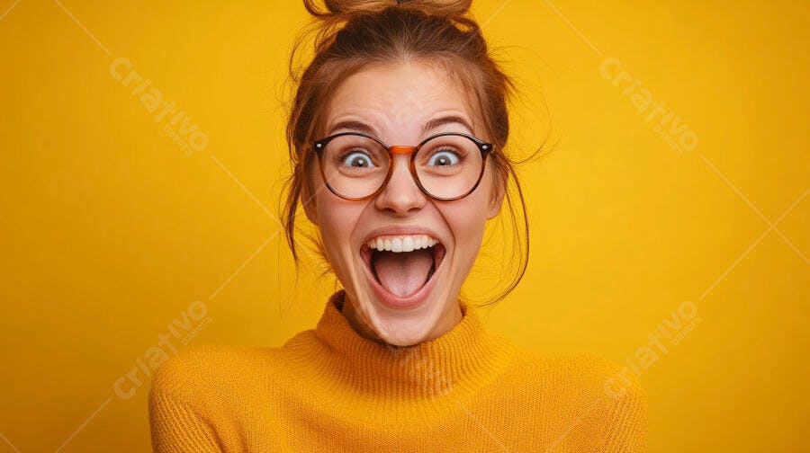 Mulher jovem de óculos e suéter amarelo com expressão de grande surpresa