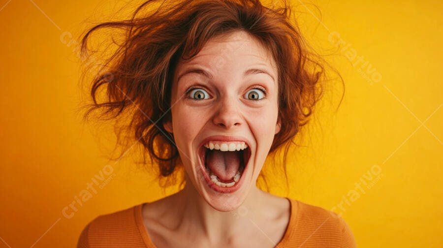 Mulher ruiva chocada gritando com olhos arregalados em fundo amarelo