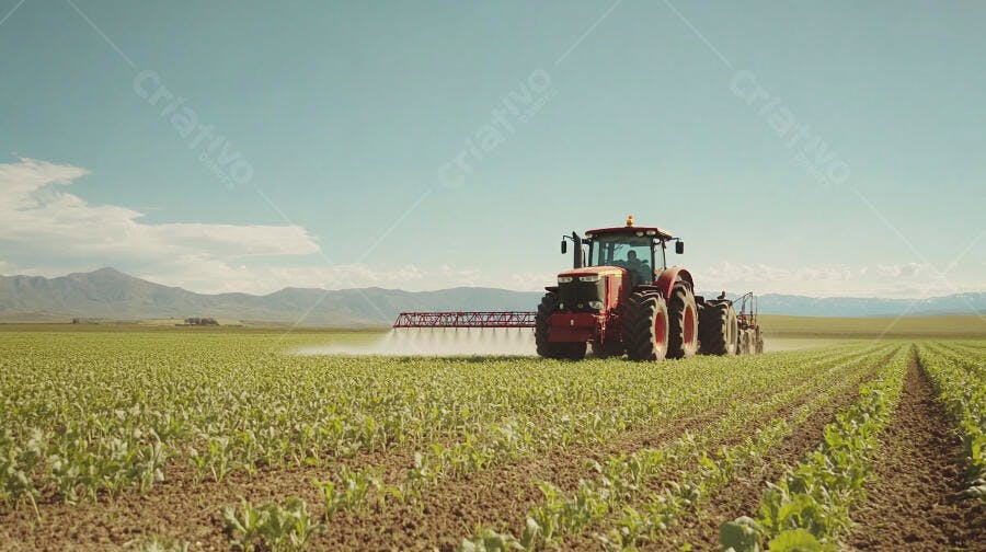 Trator vermelho pulverizando plantação jovem verde em vasto campo sob céu azul