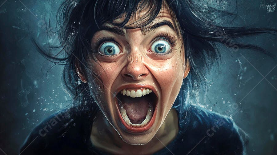 Mulher de olhos azuis gritando de terror em fundo escuro tempestuoso