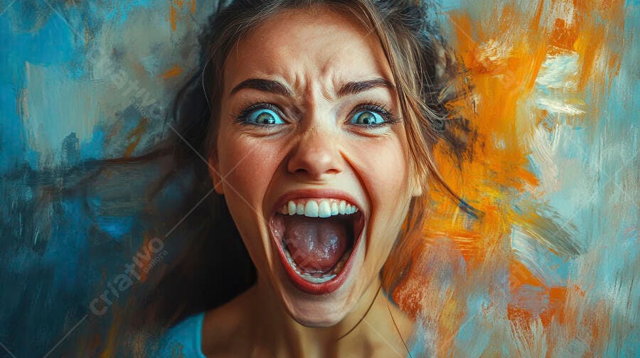 Mulher jovem gritando com olhos azuis vibrantes em fundo abstrato expressivo