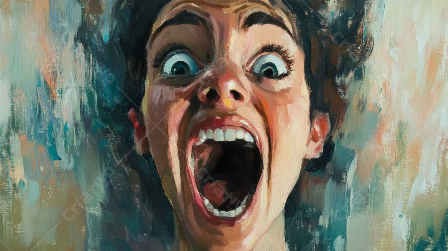 Mulher com expressão de choque gritando em pintura a óleo abstrata