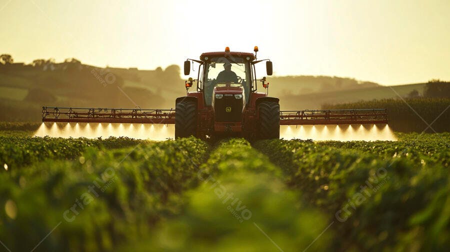 Trator vermelho com fazendeiro pulverizando plantação ao pôr do sol em campo verde