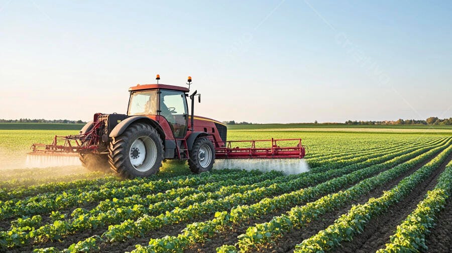 Trator vermelho pulverizando plantação verde em campo agrícola ensolarado