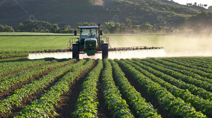 Homem em trator verde pulverizando plantação em campo agrícola ao sol