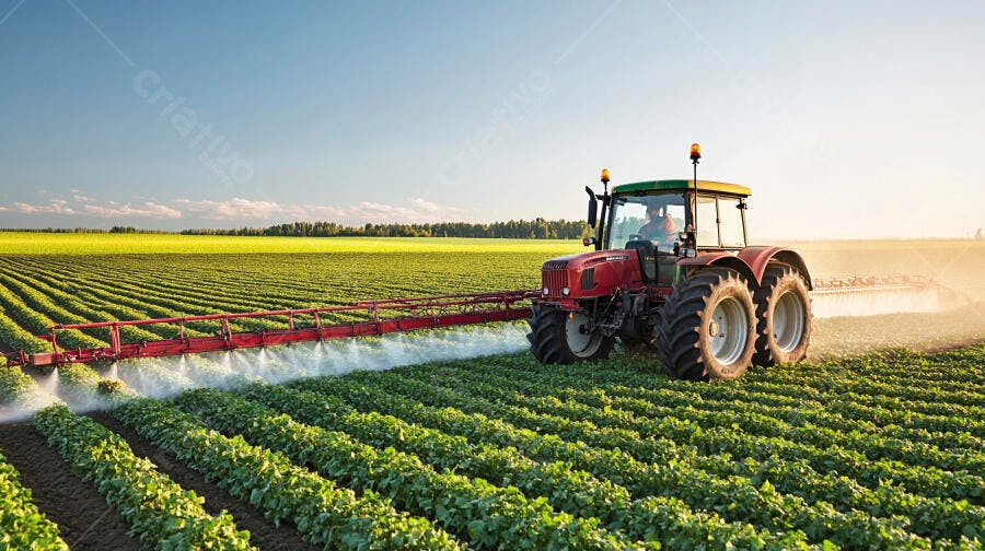 Trator vermelho pulverizando lavoura verde em campo vasto ao pôr do sol