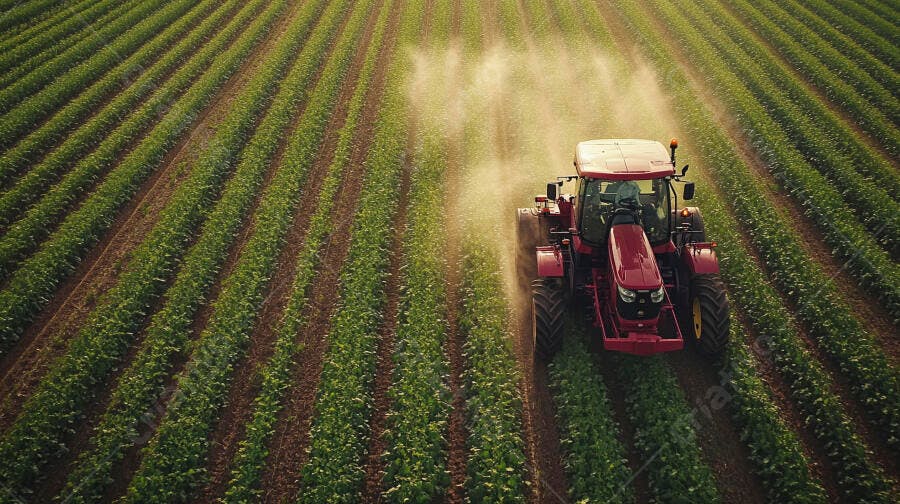 Trator vermelho pulverizando plantação verde em campo agrícola vasto