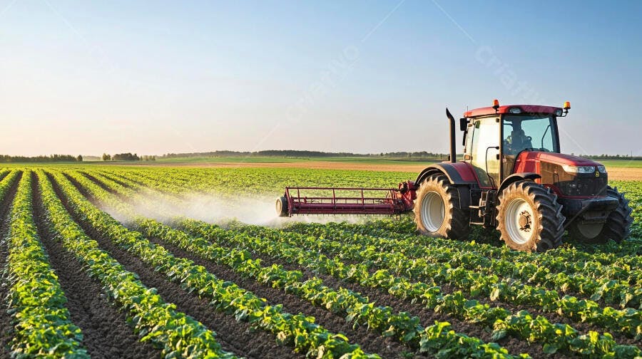Trator vermelho pulverizando plantação verde em campo agrícola ao entardecer