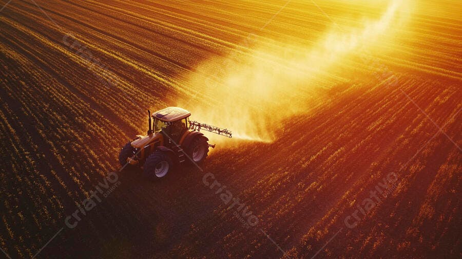 Trator amarelo pulverizando plantação em campo dourado ao pôr do sol